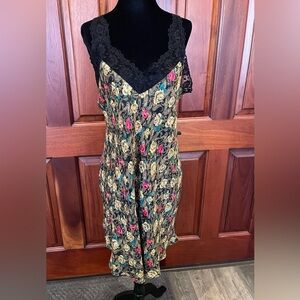 Silkscreen 100% Silk Lingerie Slip Nightgown Black Lace Floral Print Women XL